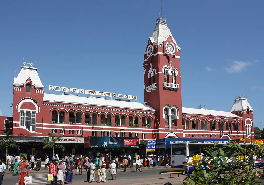 Red-brick facade and clock tower of Chennai Central railway station